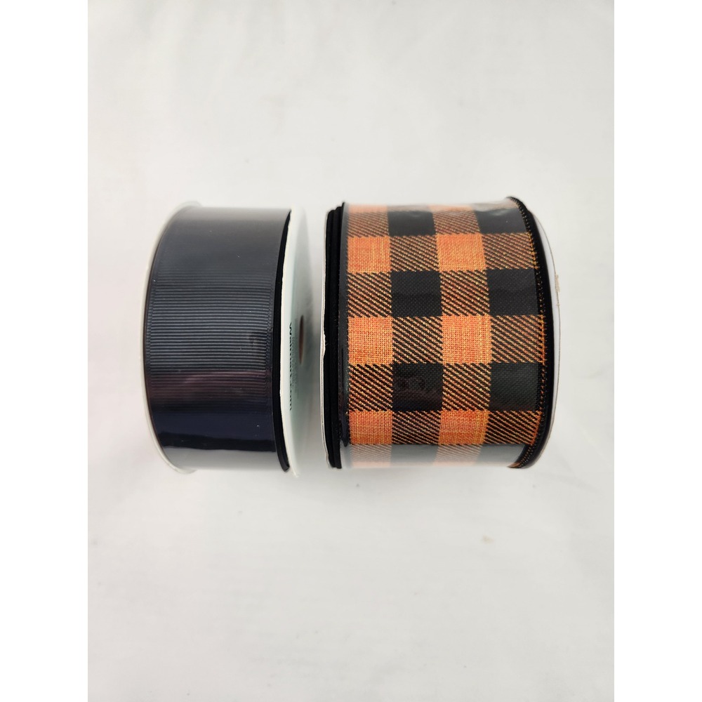 Lot of 2 NEW Halloween Fall Decor Ribbon Buffalo Check Orange Black 10 Yards